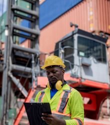 Foreman or worker work at Container cargo site check up goods in container. Foreman or worker checking on shipping containers. Logistics and shipping